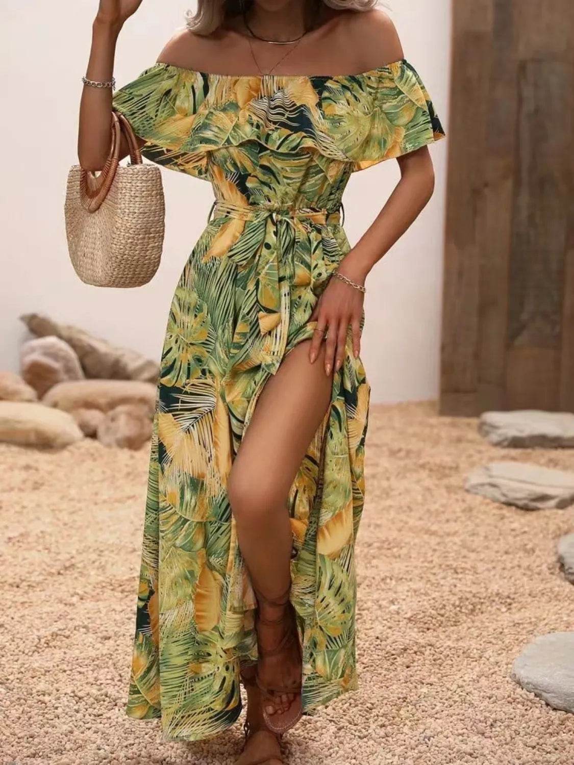 Palm Print Off-the-Shoulder Maxi Dress - MARIGOLD