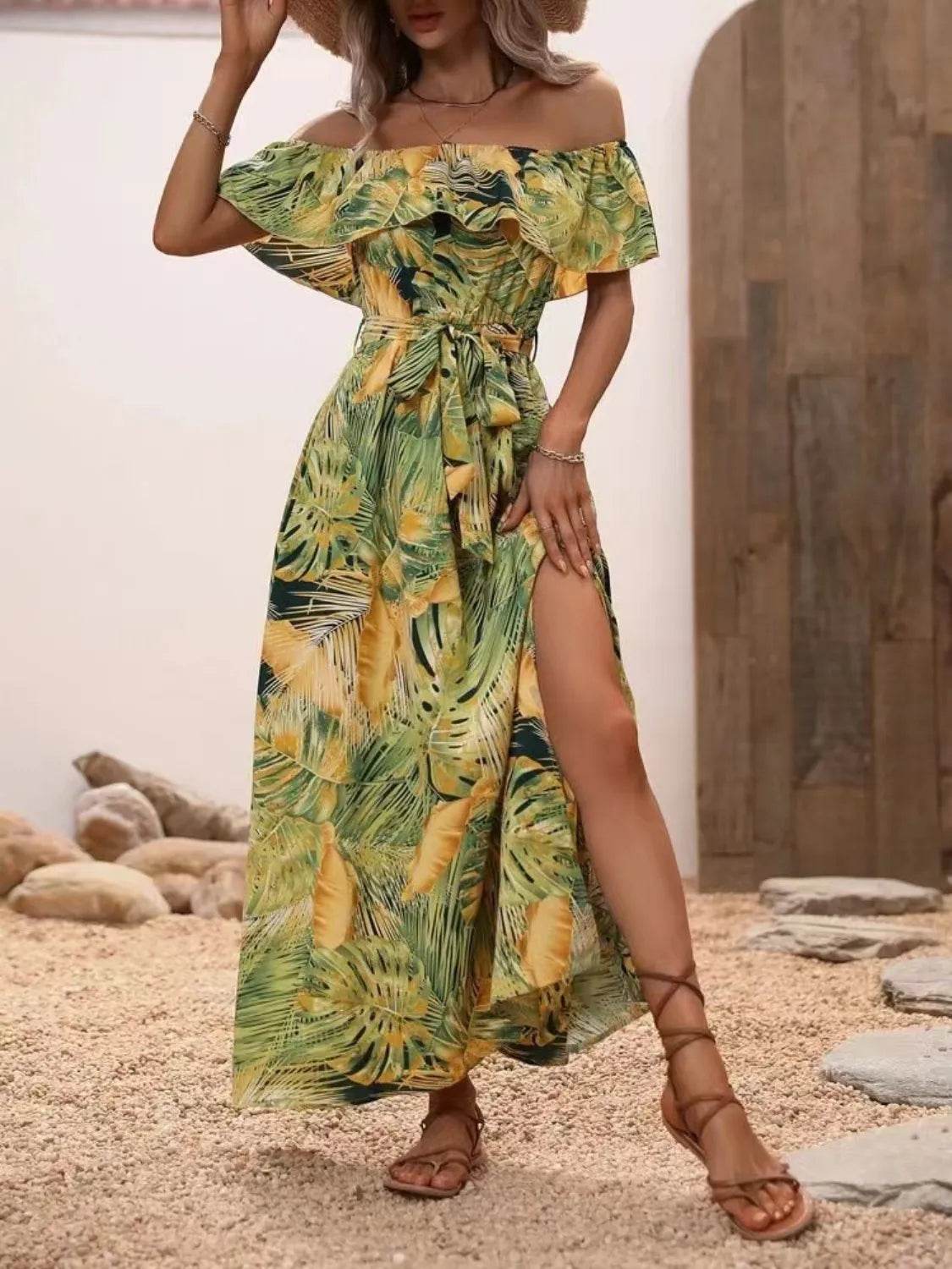 Palm Print Off-the-Shoulder Maxi Dress - MARIGOLD