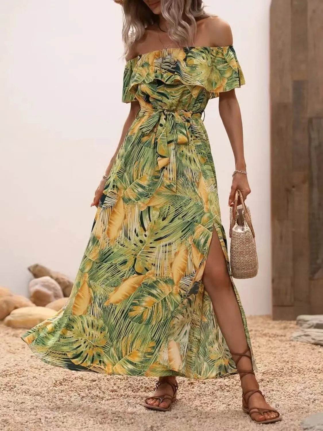 Palm Print Off-the-Shoulder Maxi Dress - MARIGOLD