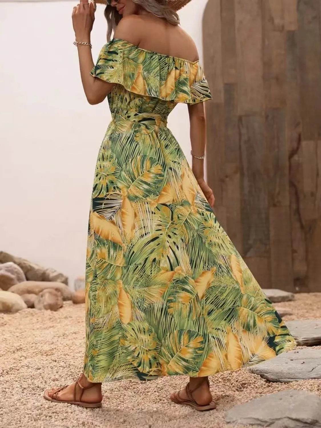 Palm Print Off-the-Shoulder Maxi Dress - MARIGOLD
