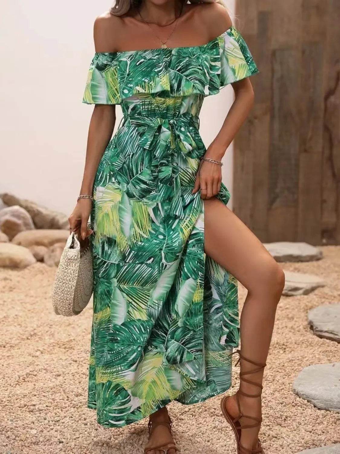 Palm Print Off-the-Shoulder Maxi Dress - MARIGOLD