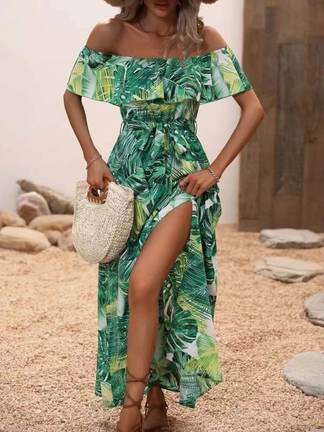 Palm Print Off-the-Shoulder Maxi Dress - MARIGOLD