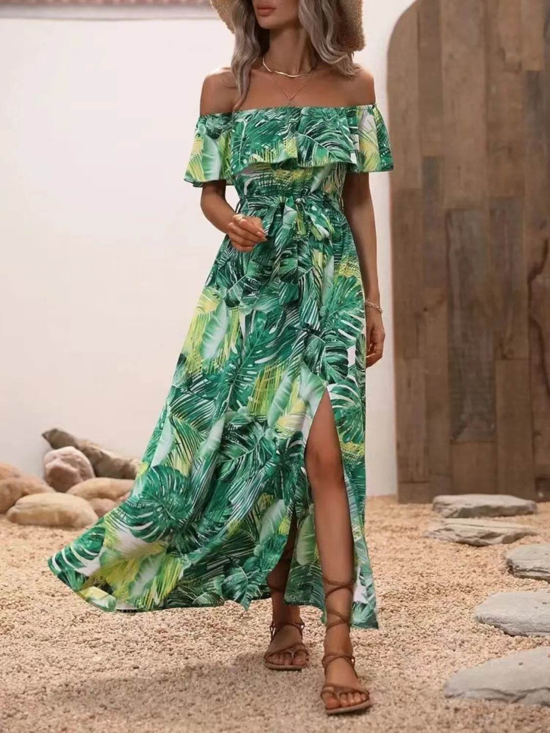 Palm Print Off-the-Shoulder Maxi Dress - MARIGOLD