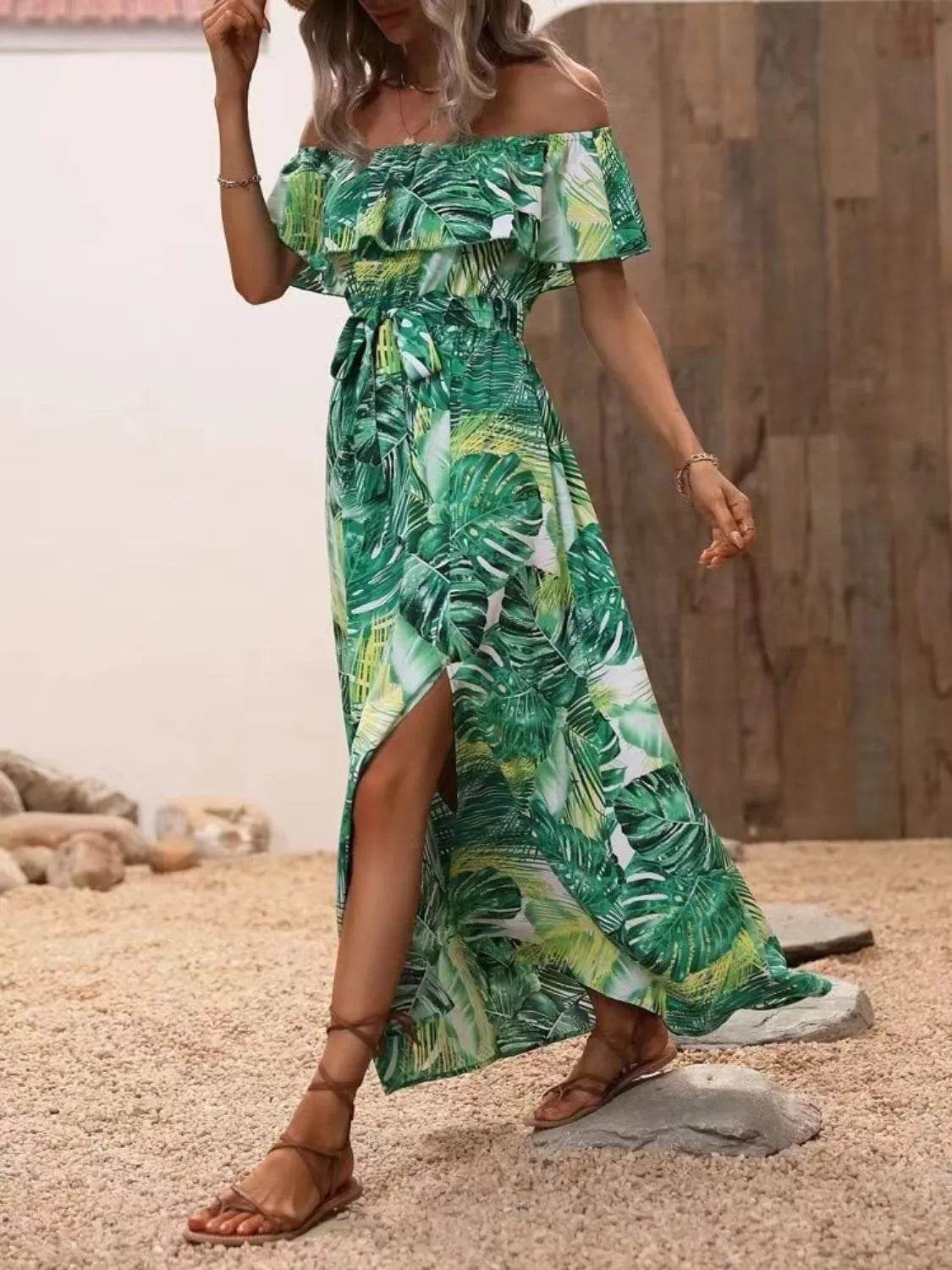 Palm Print Off-the-Shoulder Maxi Dress - MARIGOLD