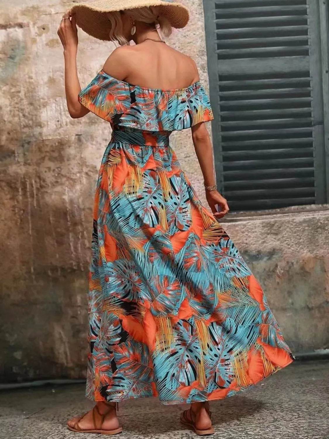 Palm Print Off-the-Shoulder Maxi Dress - MARIGOLD