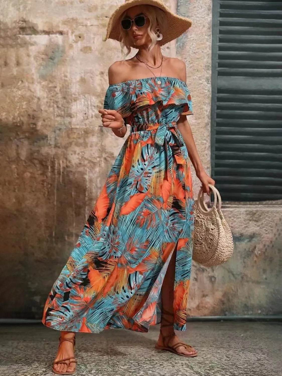 Palm Print Off-the-Shoulder Maxi Dress - MARIGOLD