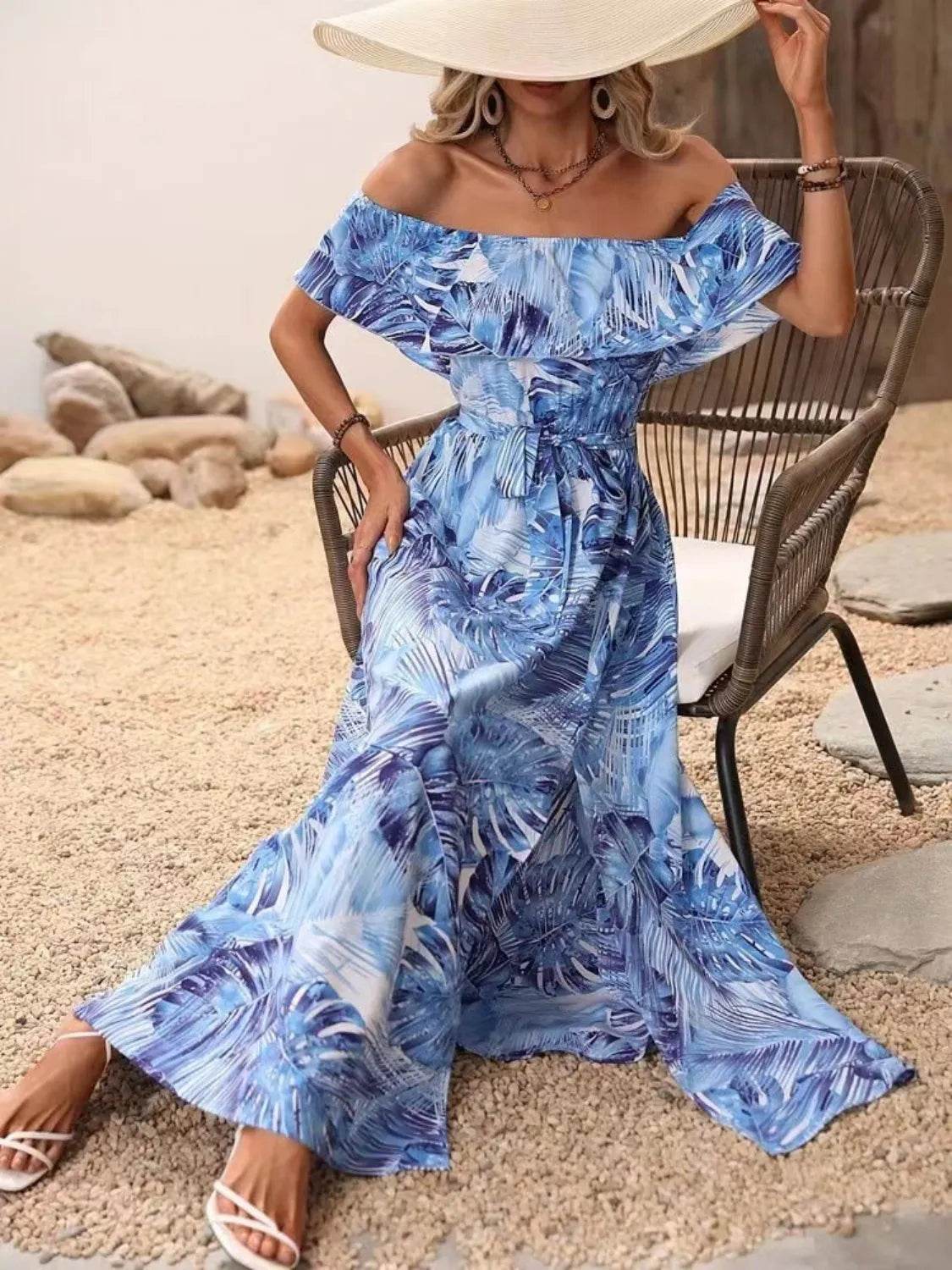 Palm Print Off-the-Shoulder Maxi Dress - MARIGOLD