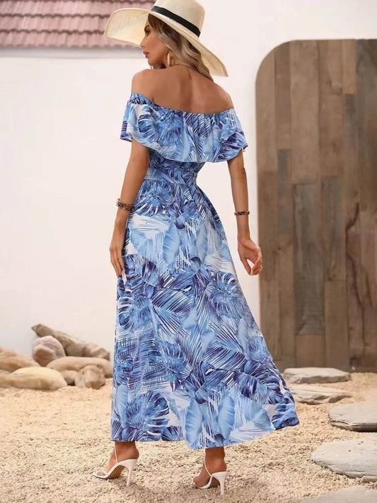 Palm Print Off-the-Shoulder Maxi Dress - MARIGOLD
