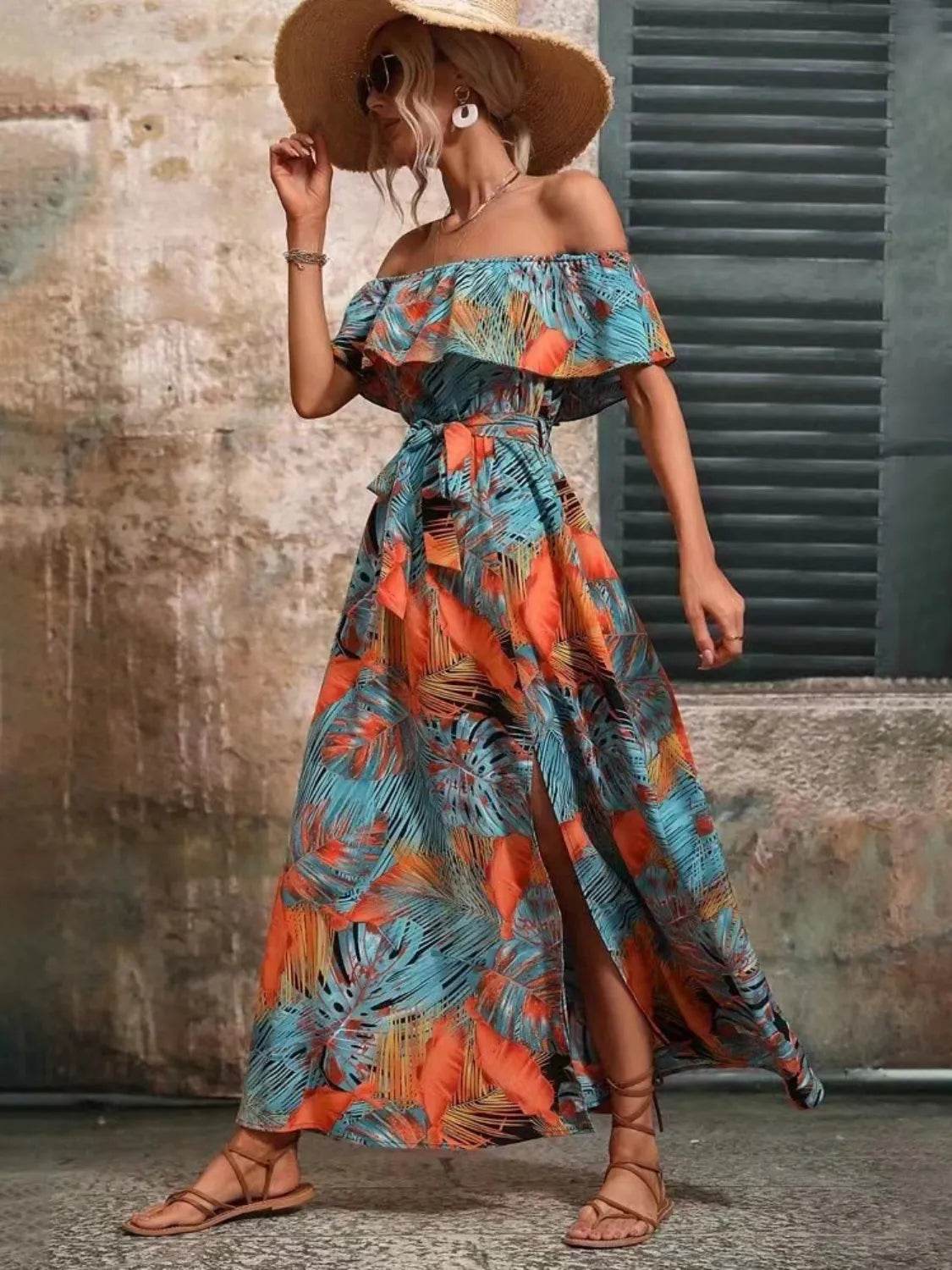 Palm Print Off-the-Shoulder Maxi Dress - MARIGOLD