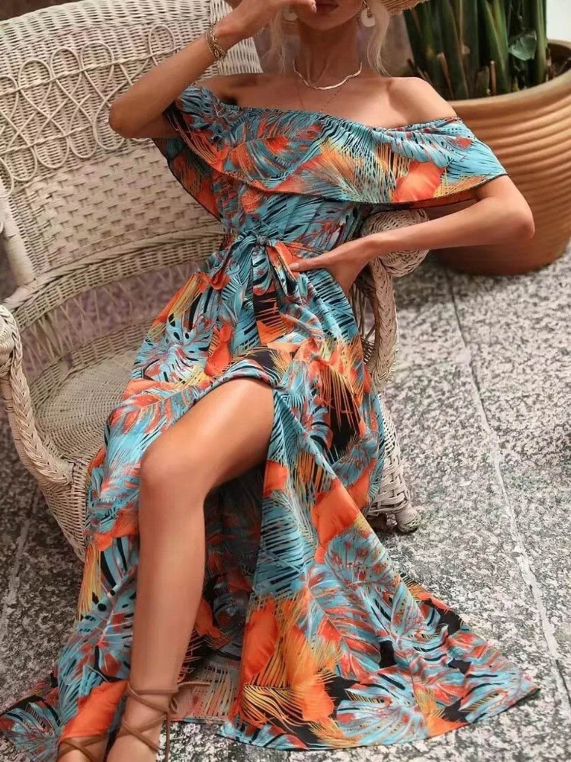 Palm Print Off-the-Shoulder Maxi Dress - MARIGOLD