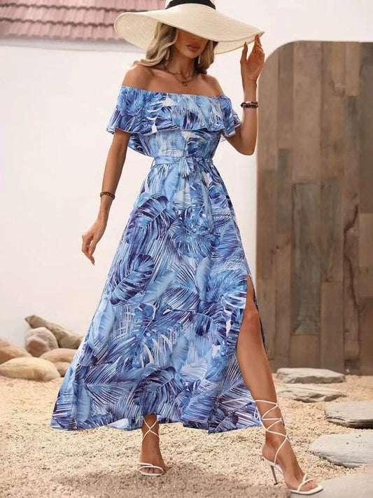 Palm Print Off-the-Shoulder Maxi Dress - MARIGOLD