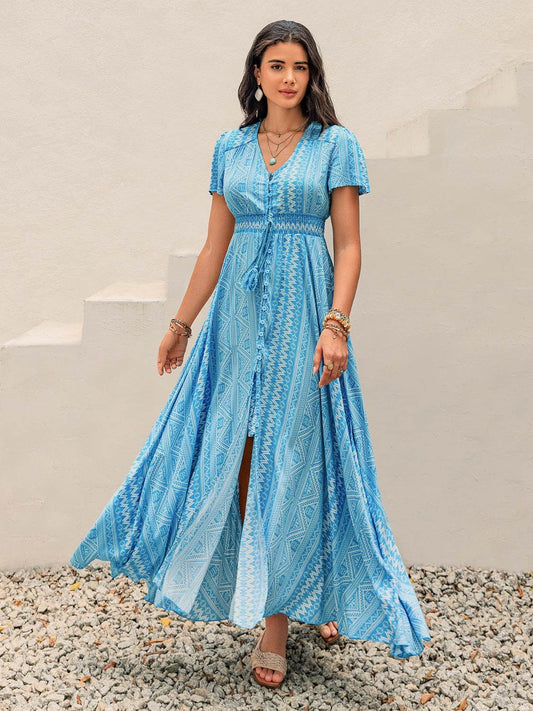 Blue Button Down Bohemian Print Maxi Dress - MARIGOLD