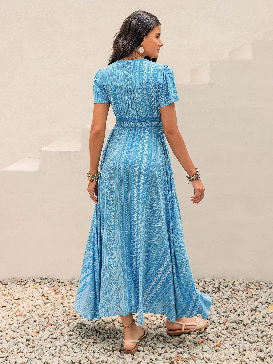 Blue Button Down Bohemian Print Maxi Dress - MARIGOLD