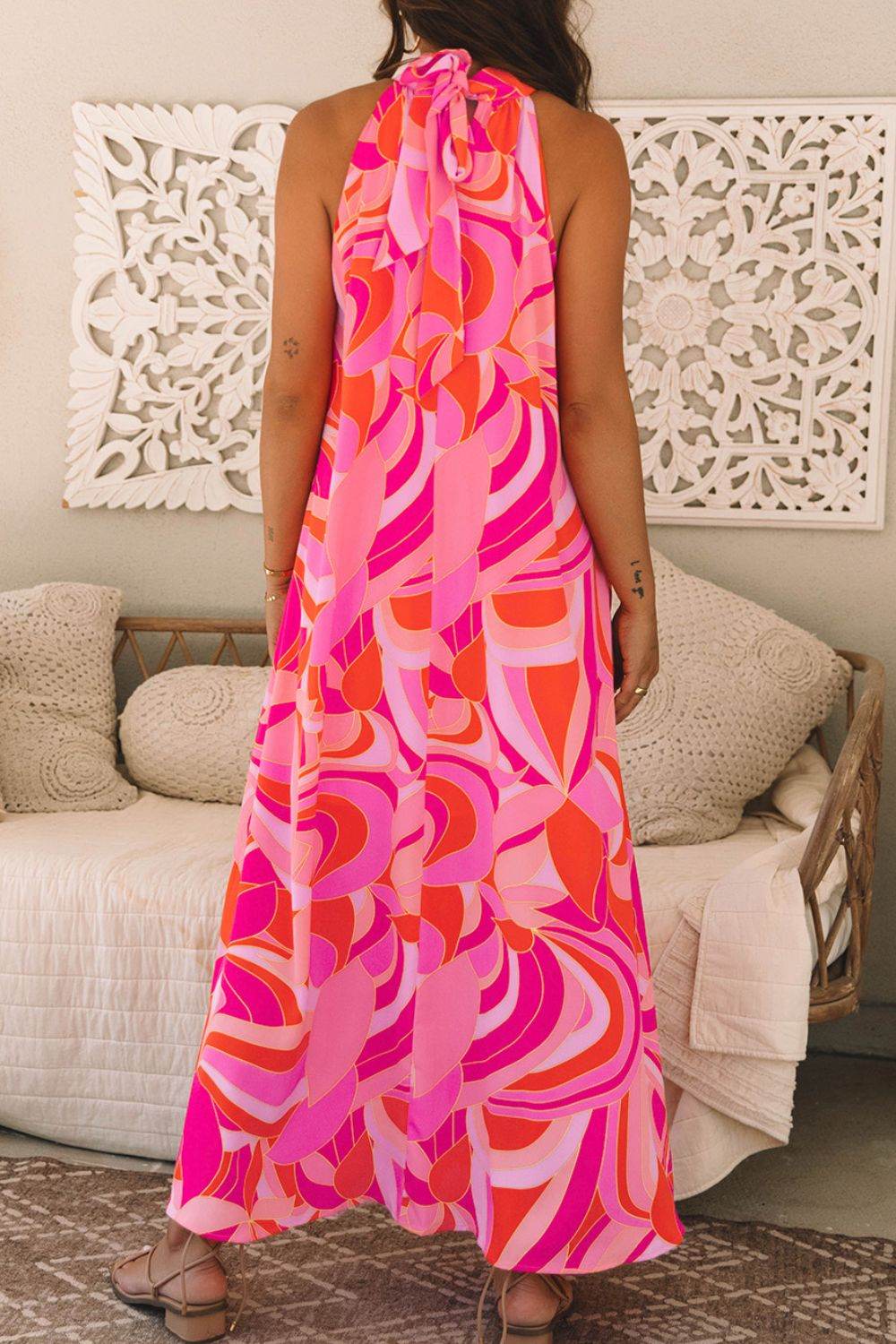 Vibrant Pink & Orange Abstract Grecian Maxi Dress - MARIGOLD