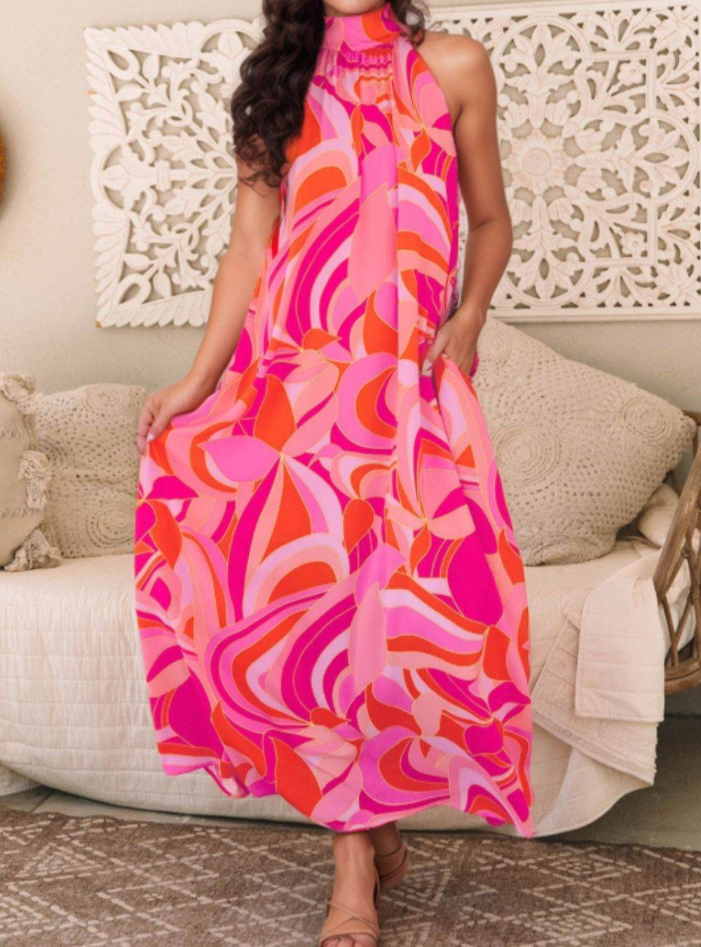 Vibrant Pink & Orange Abstract Grecian Maxi Dress - MARIGOLD