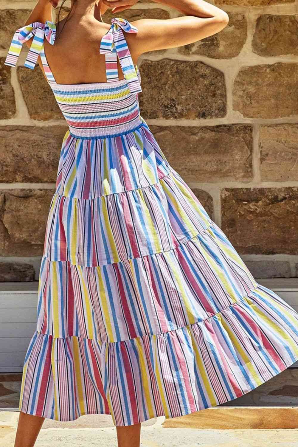 Striped Tie-Shoulder Smocked Tiered Dress - MARIGOLD