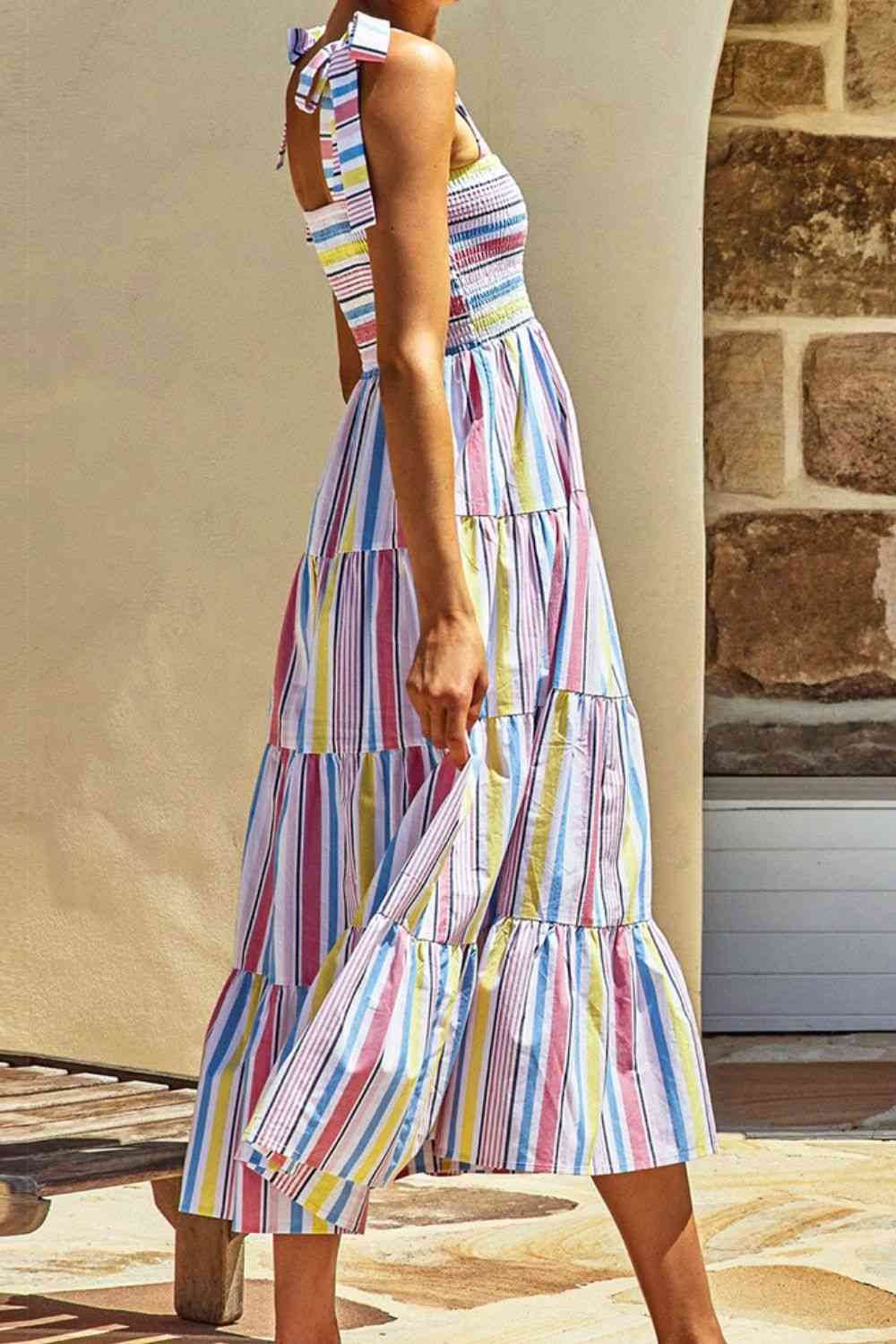 Striped Tie-Shoulder Smocked Tiered Dress - MARIGOLD