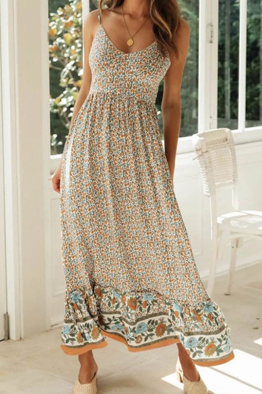 Boho Floral Print Maxi Cami Dress - MARIGOLD