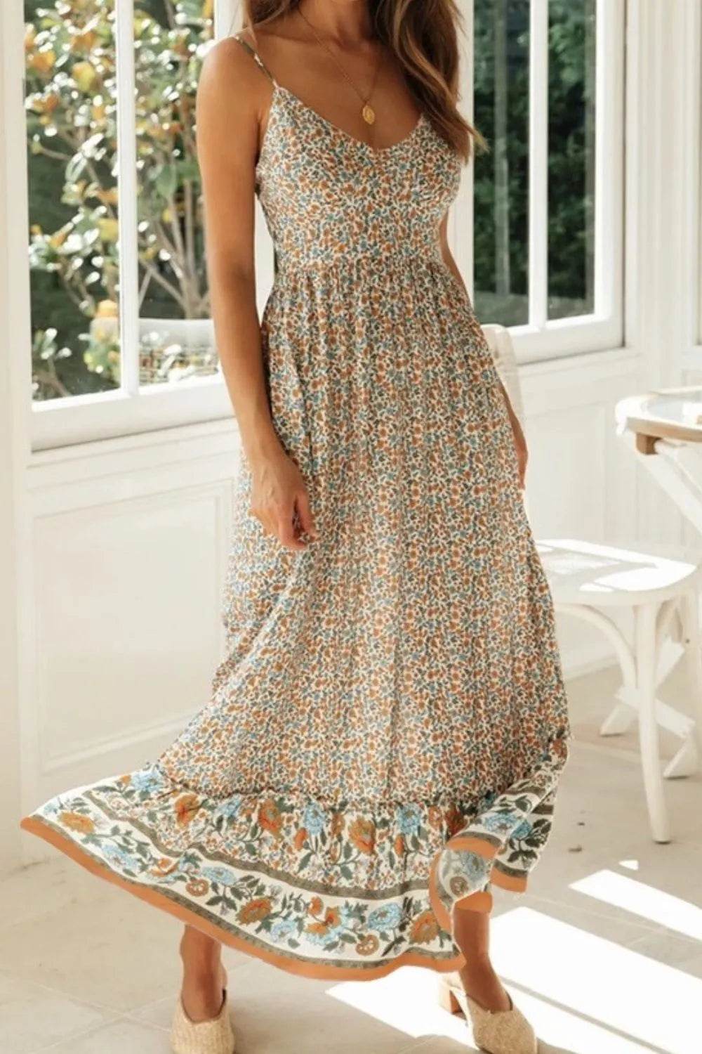 Boho Floral Print Maxi Cami Dress - MARIGOLD