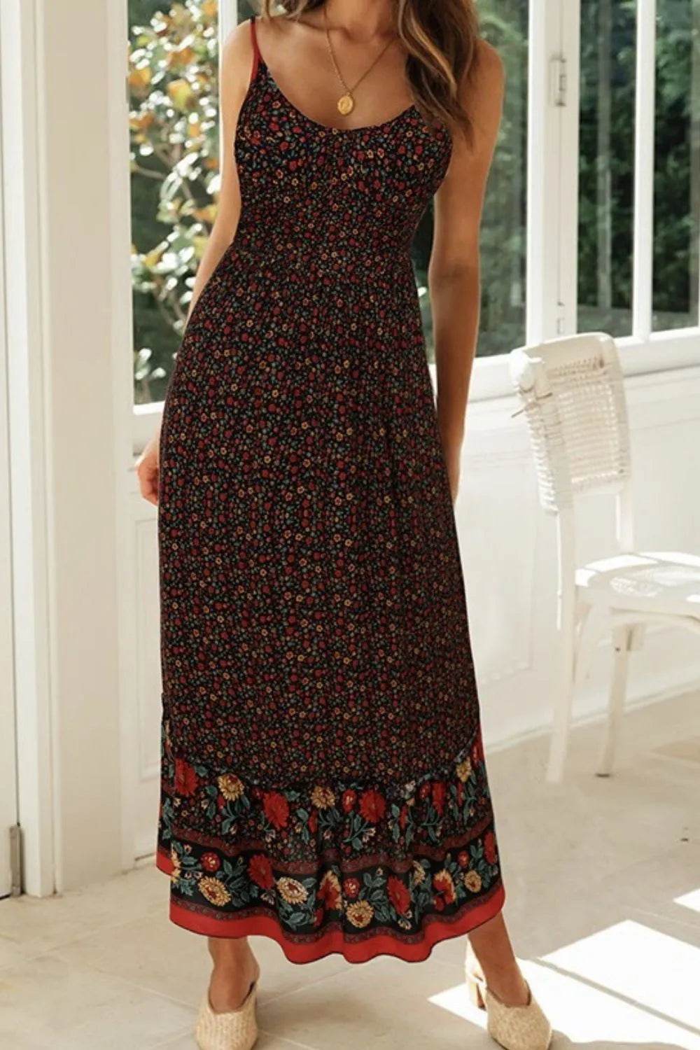 Boho Floral Print Maxi Cami Dress - MARIGOLD