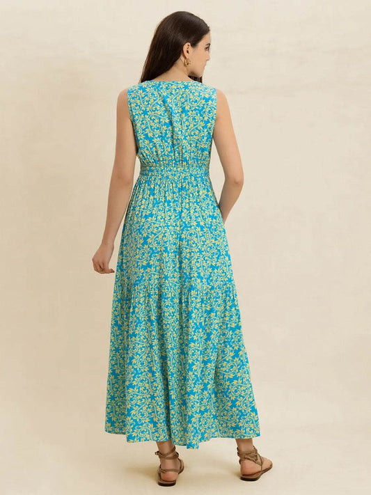 Printed Teal Slit V-Neck Maxi - MARIGOLD