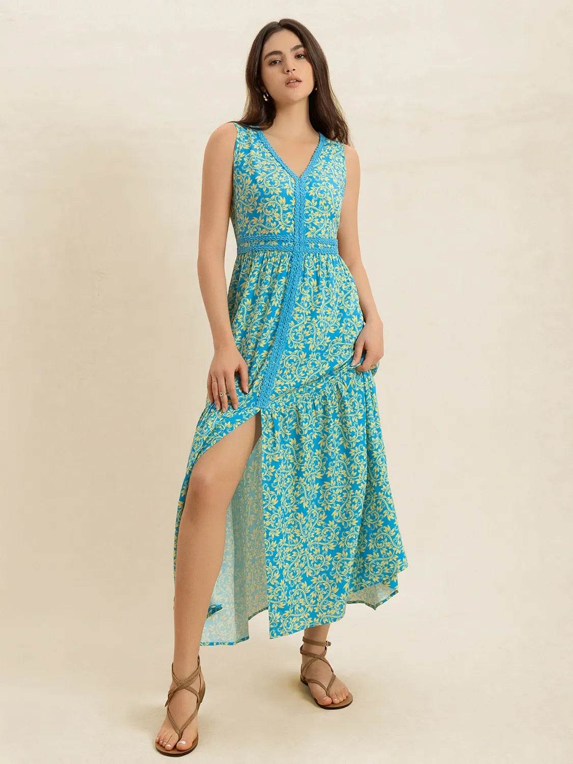 Printed Teal Slit V-Neck Maxi - MARIGOLD