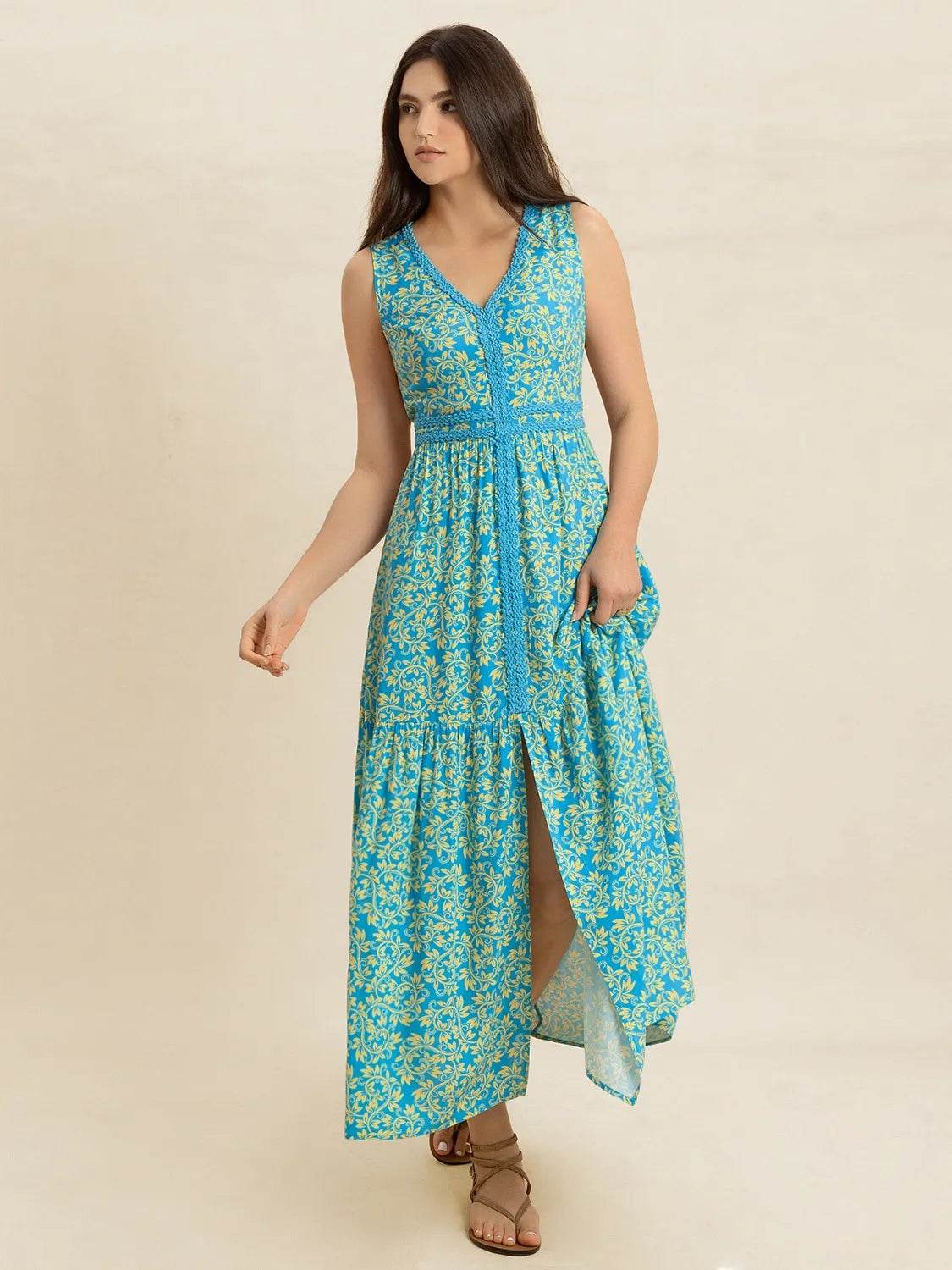 Printed Teal Slit V-Neck Maxi - MARIGOLD