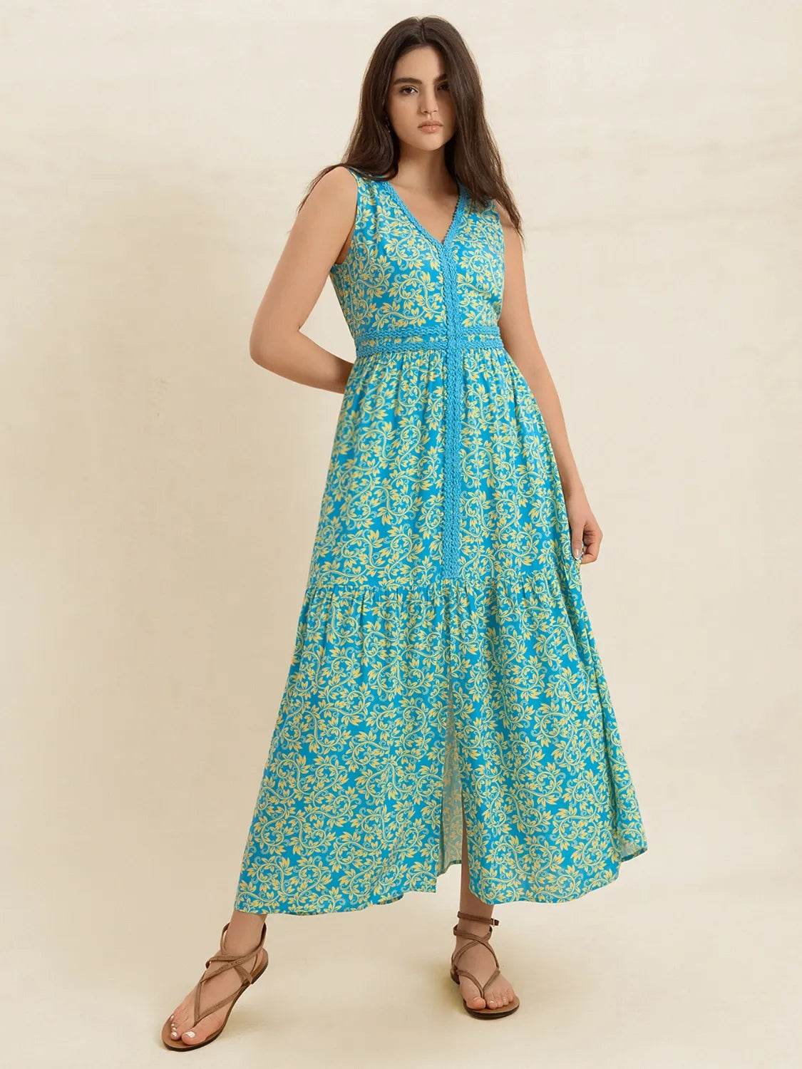Printed Teal Slit V-Neck Maxi - MARIGOLD