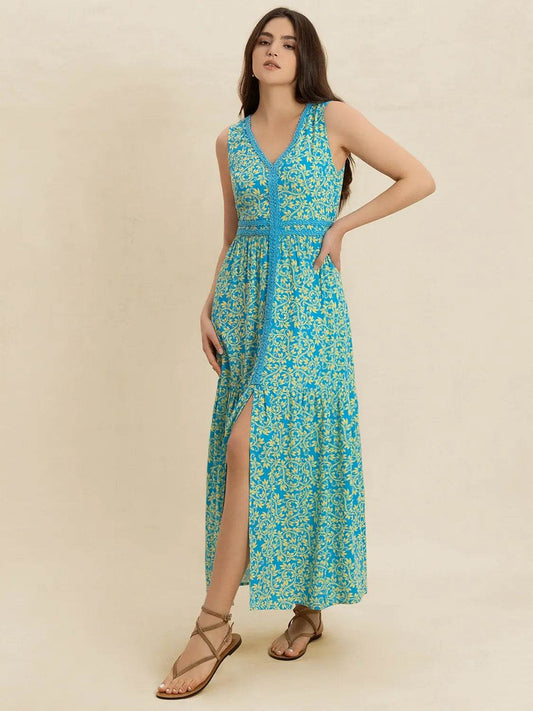 Printed Teal Slit V-Neck Maxi - MARIGOLD