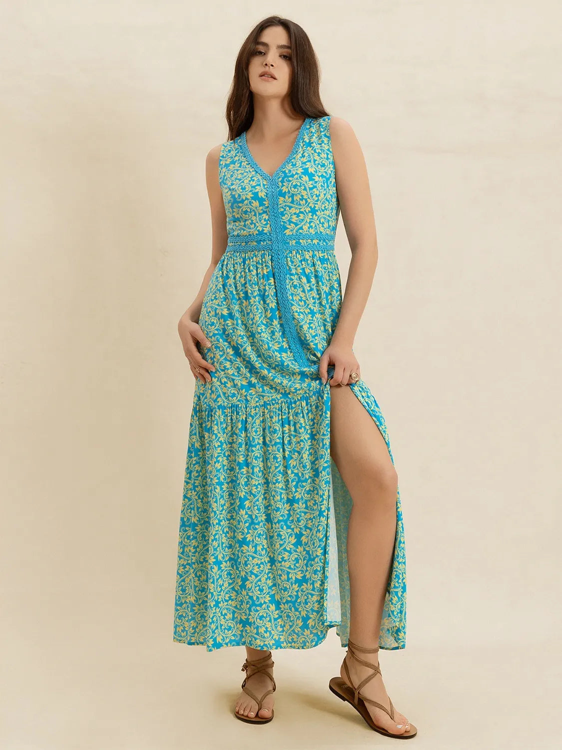 Printed Teal Slit V-Neck Maxi