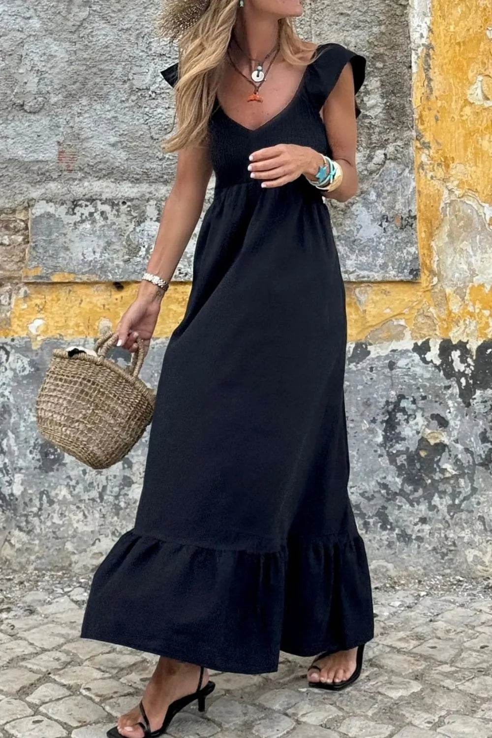 Ruffled Cap Sleeve Smocked Maxi Dress - MARIGOLD