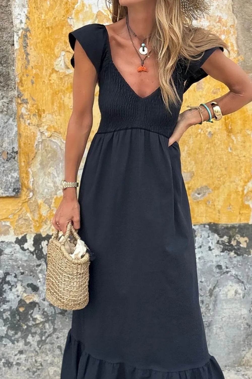 Ruffled Cap Sleeve Smocked Maxi Dress - MARIGOLD