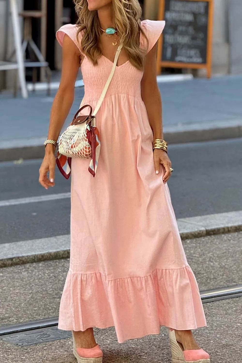 Ruffled Cap Sleeve Smocked Maxi Dress - MARIGOLD