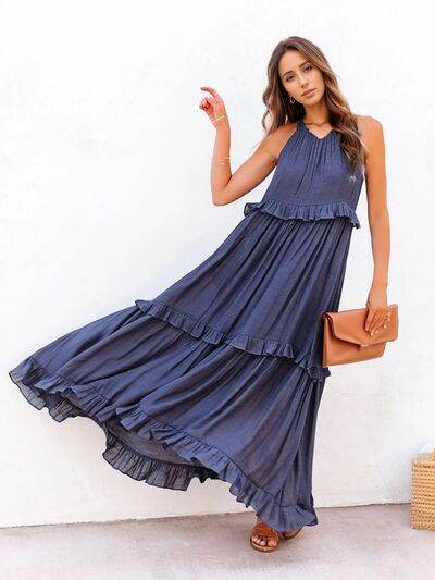 Ruffled Sleeveless Tiered Maxi Dress with Pockets - MARIGOLD