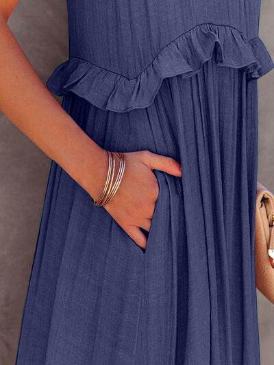 Ruffled Sleeveless Tiered Maxi Dress with Pockets - MARIGOLD
