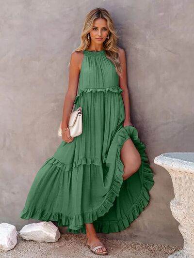 Ruffled Sleeveless Tiered Maxi Dress with Pockets - MARIGOLD