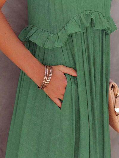 Ruffled Sleeveless Tiered Maxi Dress with Pockets - MARIGOLD
