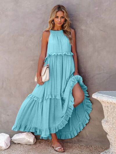 Ruffled Sleeveless Tiered Maxi Dress with Pockets - MARIGOLD