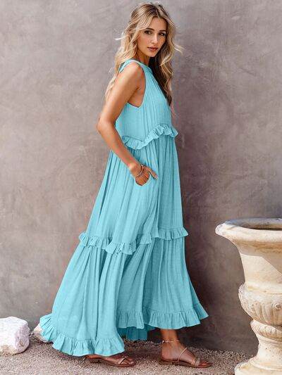 Ruffled Sleeveless Tiered Maxi Dress with Pockets - MARIGOLD