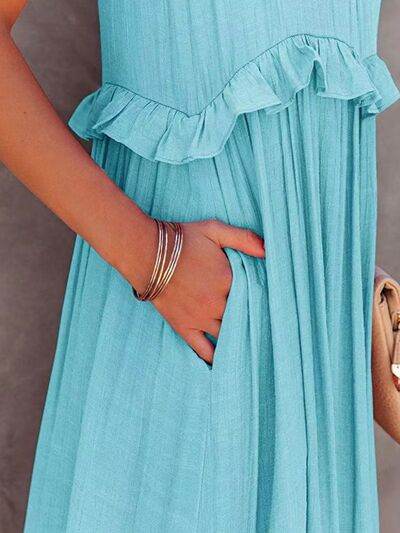 Ruffled Sleeveless Tiered Maxi Dress with Pockets - MARIGOLD