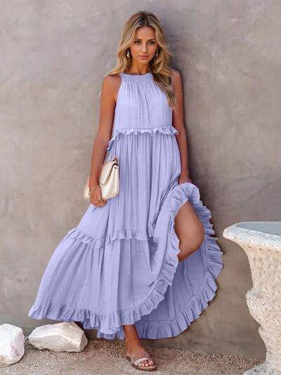 Ruffled Sleeveless Tiered Maxi Dress with Pockets - MARIGOLD