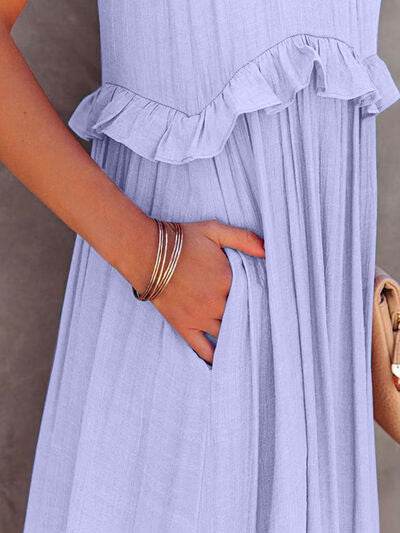 Ruffled Sleeveless Tiered Maxi Dress with Pockets - MARIGOLD