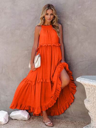 Ruffled Sleeveless Tiered Maxi Dress with Pockets - MARIGOLD