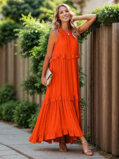 Ruffled Sleeveless Tiered Maxi Dress with Pockets - MARIGOLD