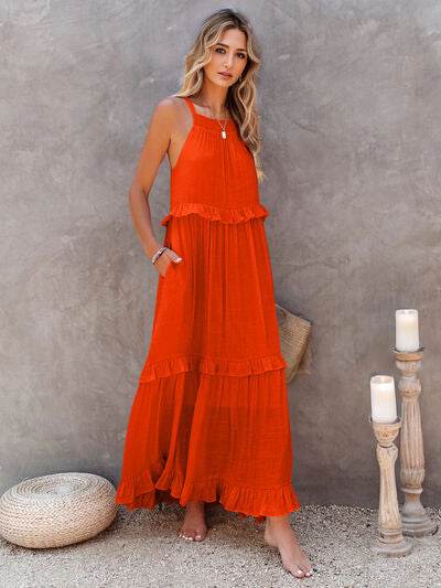 Ruffled Sleeveless Tiered Maxi Dress with Pockets - MARIGOLD