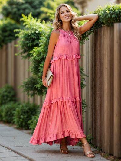 Ruffled Sleeveless Tiered Maxi Dress with Pockets - MARIGOLD