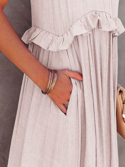 Ruffled Sleeveless Tiered Maxi Dress with Pockets - MARIGOLD