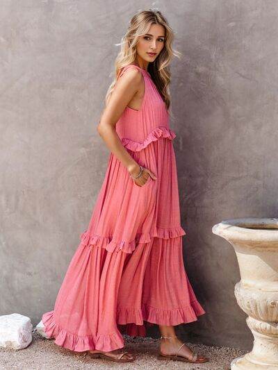 Ruffled Sleeveless Tiered Maxi Dress with Pockets - MARIGOLD