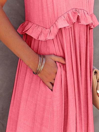 Ruffled Sleeveless Tiered Maxi Dress with Pockets - MARIGOLD