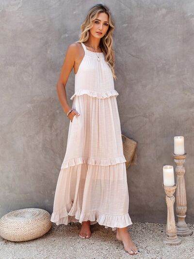Ruffled Sleeveless Tiered Maxi Dress with Pockets - MARIGOLD